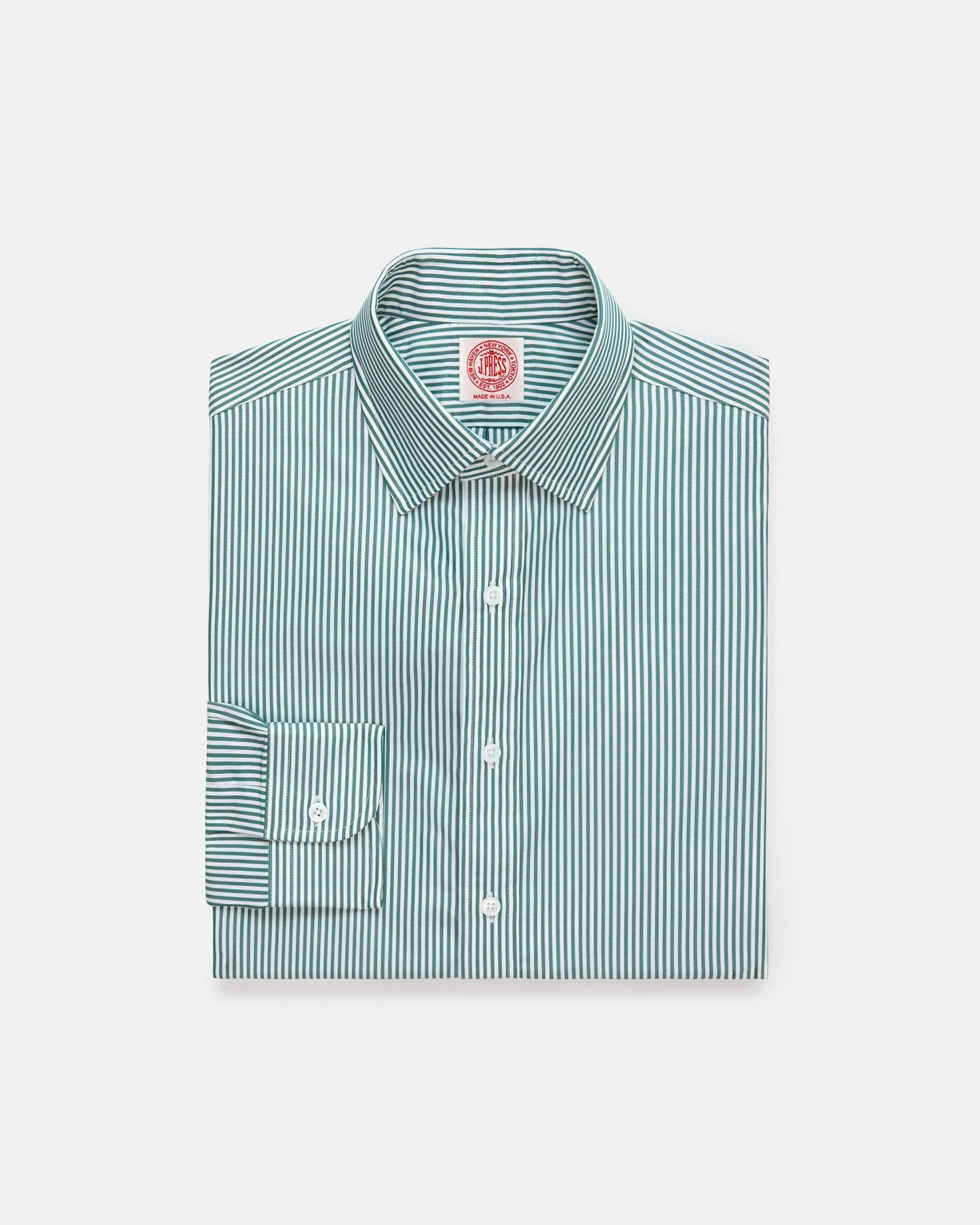 Made-in-USA Thomas Mason Green Bengal Stripe Spread Collar Dress Shirt - Regular Fit