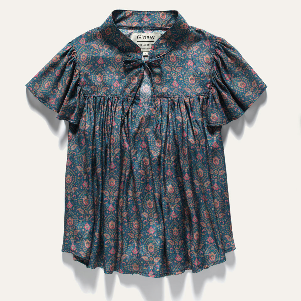 Silk Ruffle Top Teal Paisley Women's