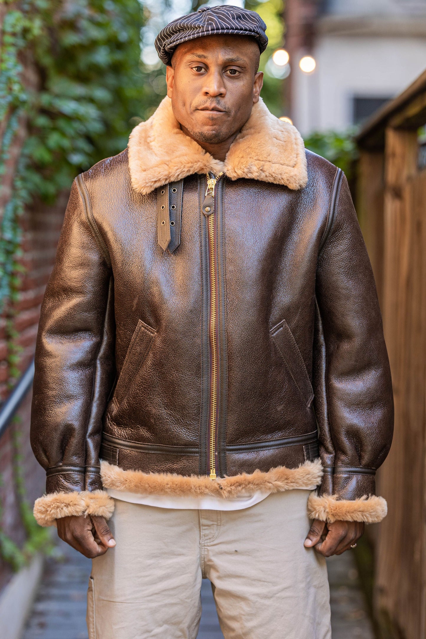 Schott NYC 257S Classic B-3 Sheepskin Leather Bomber Jacket - Brown with Gold