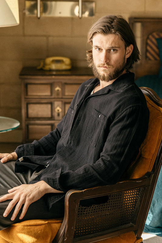 The Camp Waffle Double Gauze Shirt  - Black