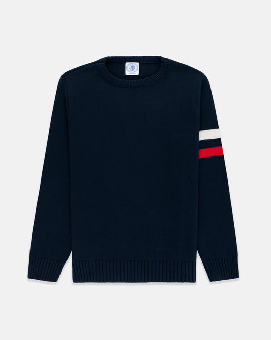 NAVY SLEEVE STRIPE COTTON SWEATER