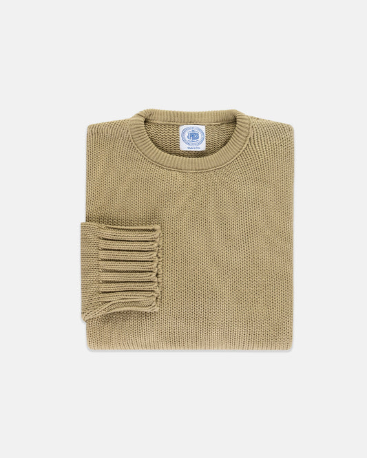 Made-in-USA Tan Chunky Cotton Crewneck Sweater