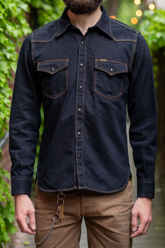 Iron Heart IHSH-33-OD 12oz Selvedge Denim Western Shirt - Indigo Overdyed Black