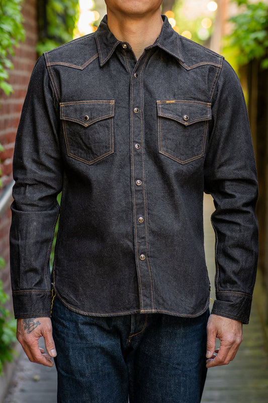 Iron Heart IHSH-33-BLK 12oz Selvedge Denim Western Shirt - Black