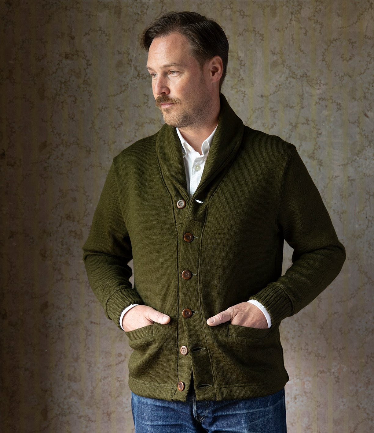 Dehen Shawl Neck Sweater Moss Green