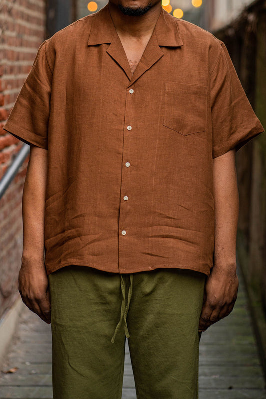 Blluemade Spread Collar Shirt - Leather Belgian Linen