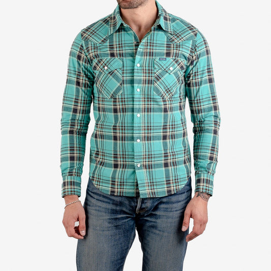 Iron Heart IHSH-355-GRN 5oz Selvedge Madras Check Western Shirt - Green