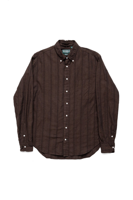 Vintage Button Down Shirt - Brown Cotton/Linen Dobby Stripe