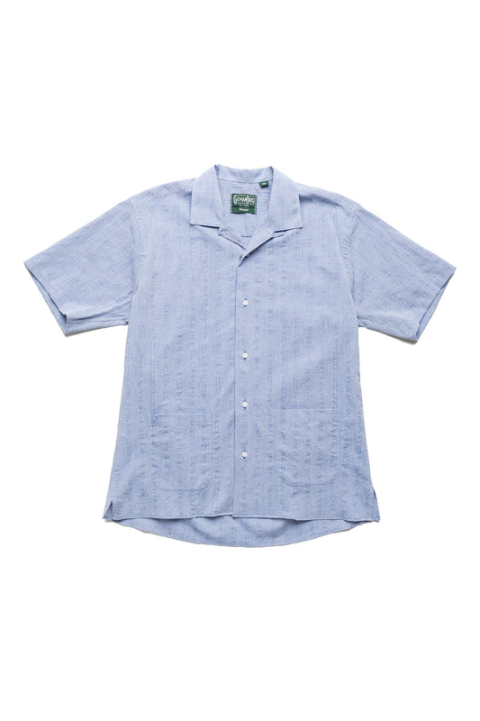 S/S Camp Shirt With 2 Lower Pockets - Blue Japanese Dobby Stripe