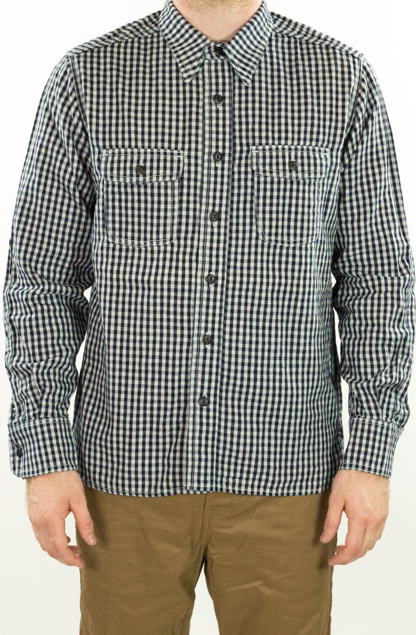 Nihon Menpu linen/cotton selvedge Indigo gingham Dust Bowl Workshirt