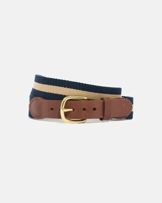 Made-in-USA Navy & Khaki Striped Smooth Belgian Wool Surcingle Belt