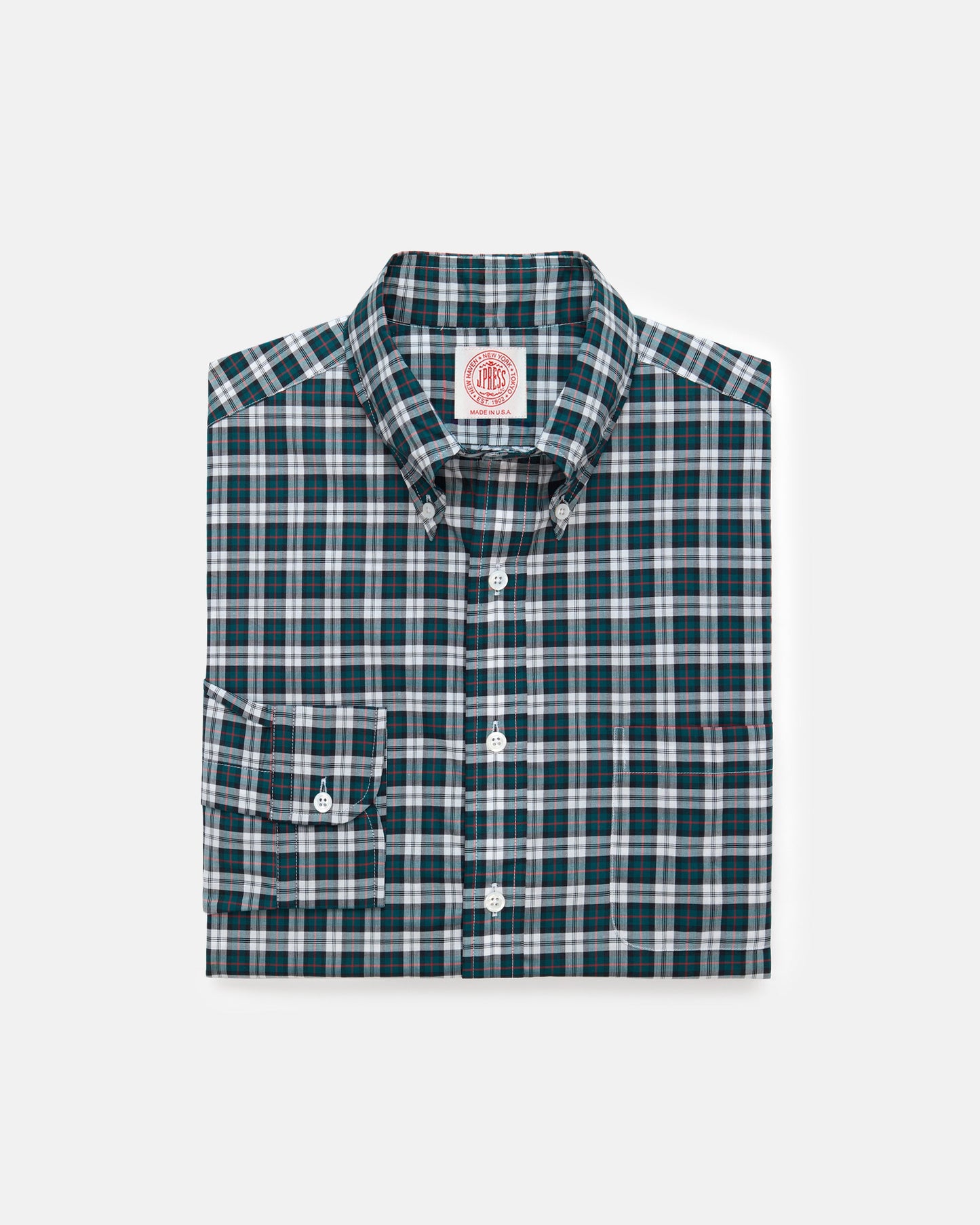 Made-in-USA Thomas Mason Green & White Tartan Broadcloth Sport Shirt - Classic Fit