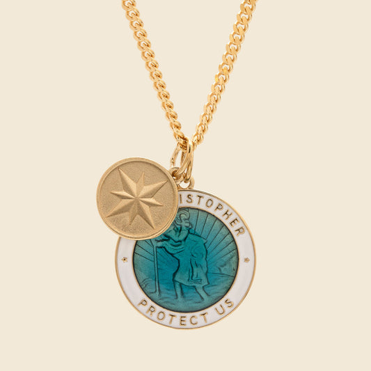Saint Christopher Surf Necklace - Caribbean Blue White Enamel/Gold Vermeil