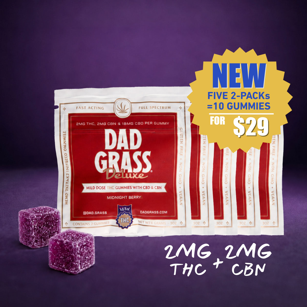 Dad Grass Deluxe Nighttime THC gummies with CBD &amp; CBN - 10 Pack