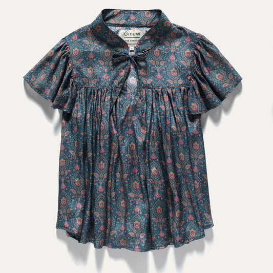 Silk Ruffle Top Teal Paisley Women's
