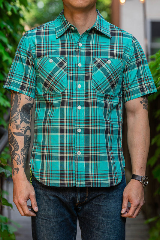 Iron Heart IHSH-360-GRN 5oz Selvedge Madras Check Short Sleeve Work Shirt - Green