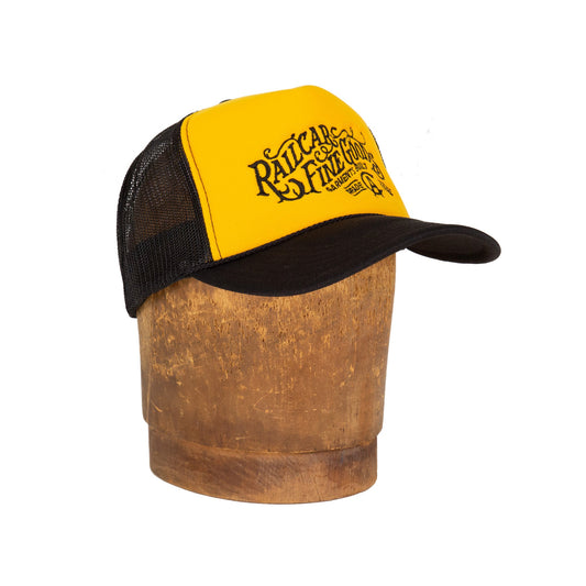 Railcar Typography Trucker Embroidered Yellow Black Hat