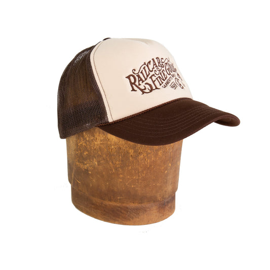 Railcar Typography Trucker Embroidered Tan Brown Hat