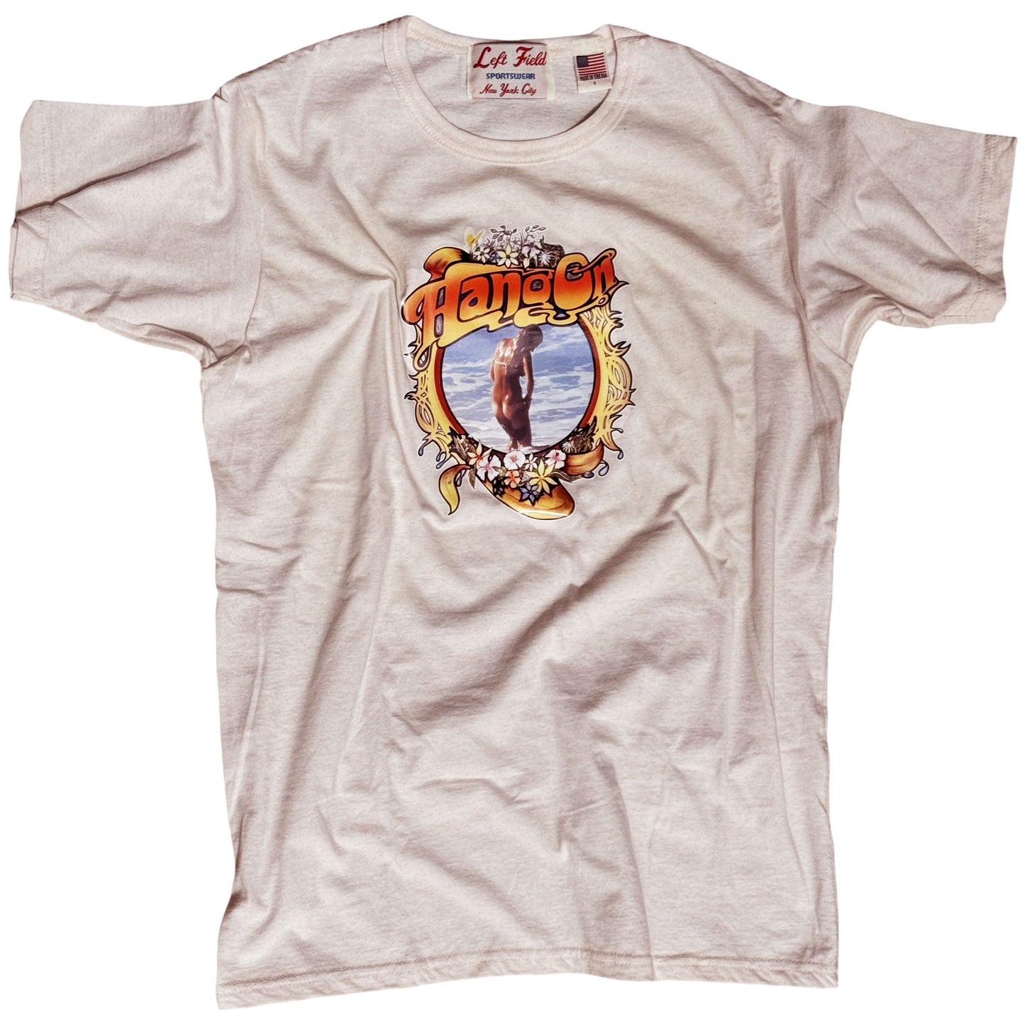 Hang on Roach heat transfer tee on Flamingo Heather Cotton Crew tee
