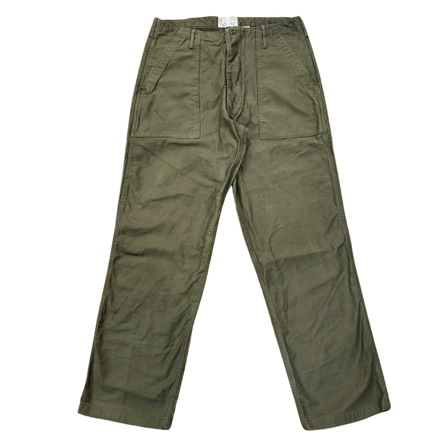 OG-107 60's era GI chinos in 12 oz West Point Olive Baker Back Cotton Satin