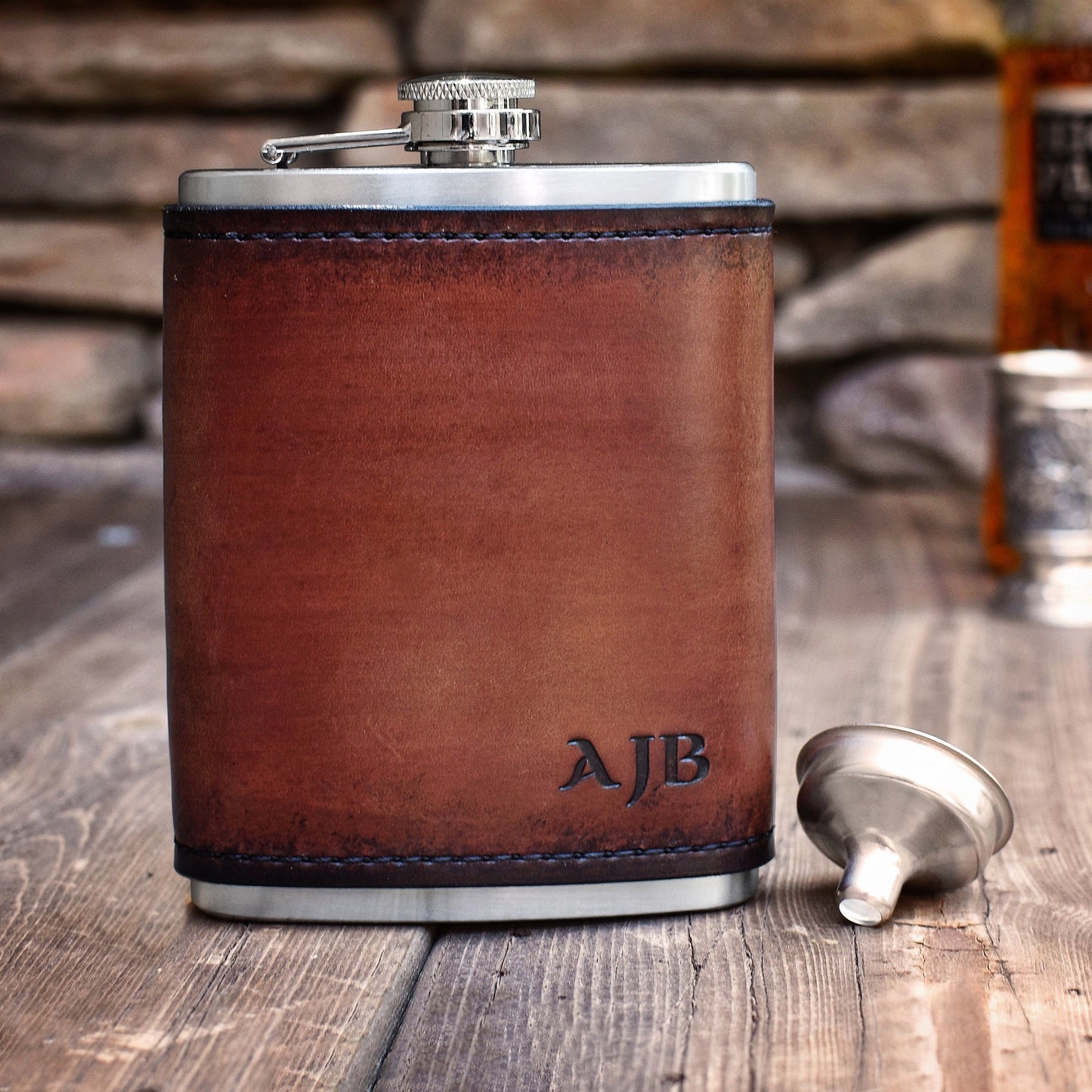 Leather Wrapped Flask with Monogram
